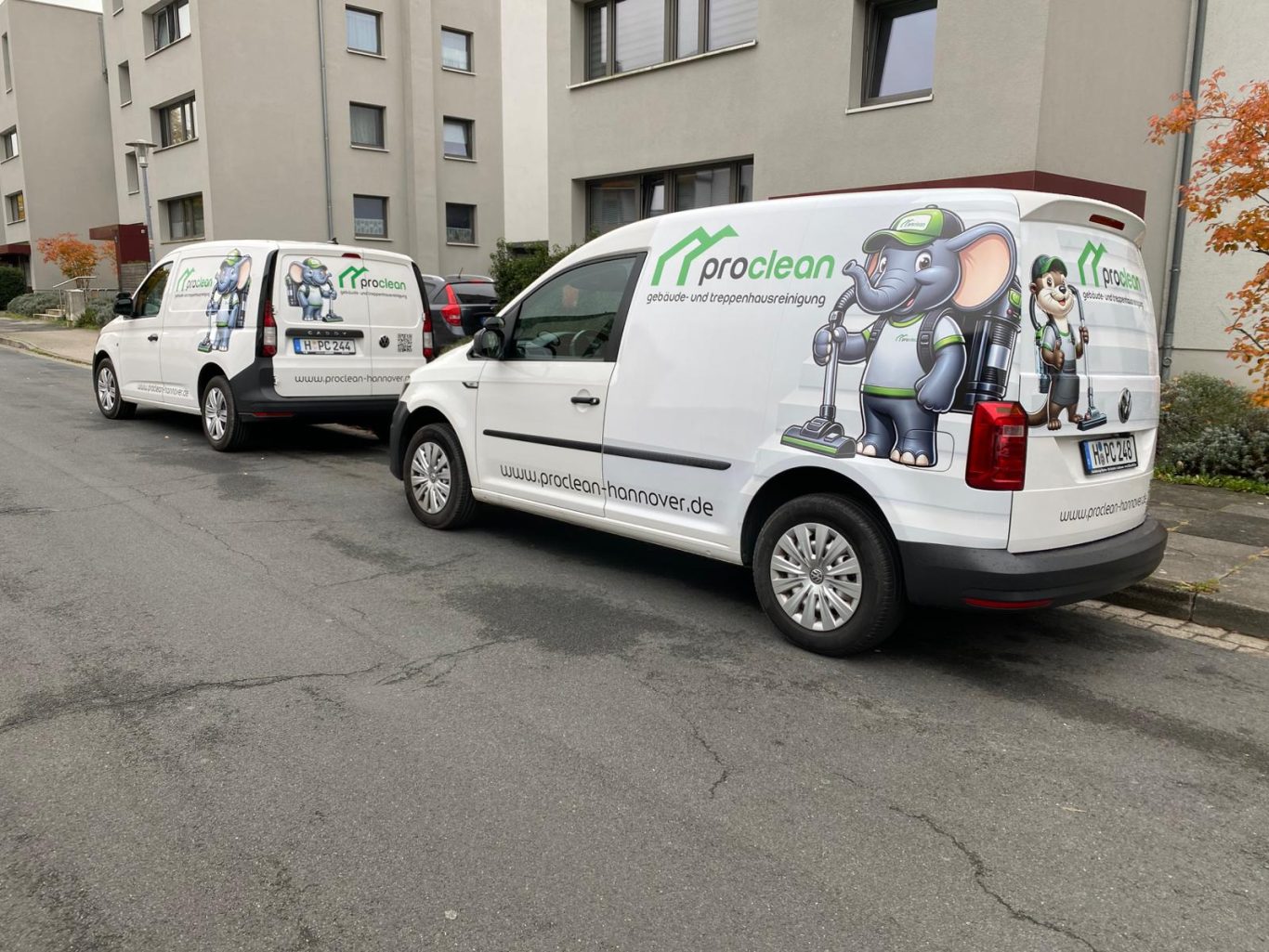 Zwei Lieferwagen mit farbiger Werbung und Cartoonfiguren auf der Seite.